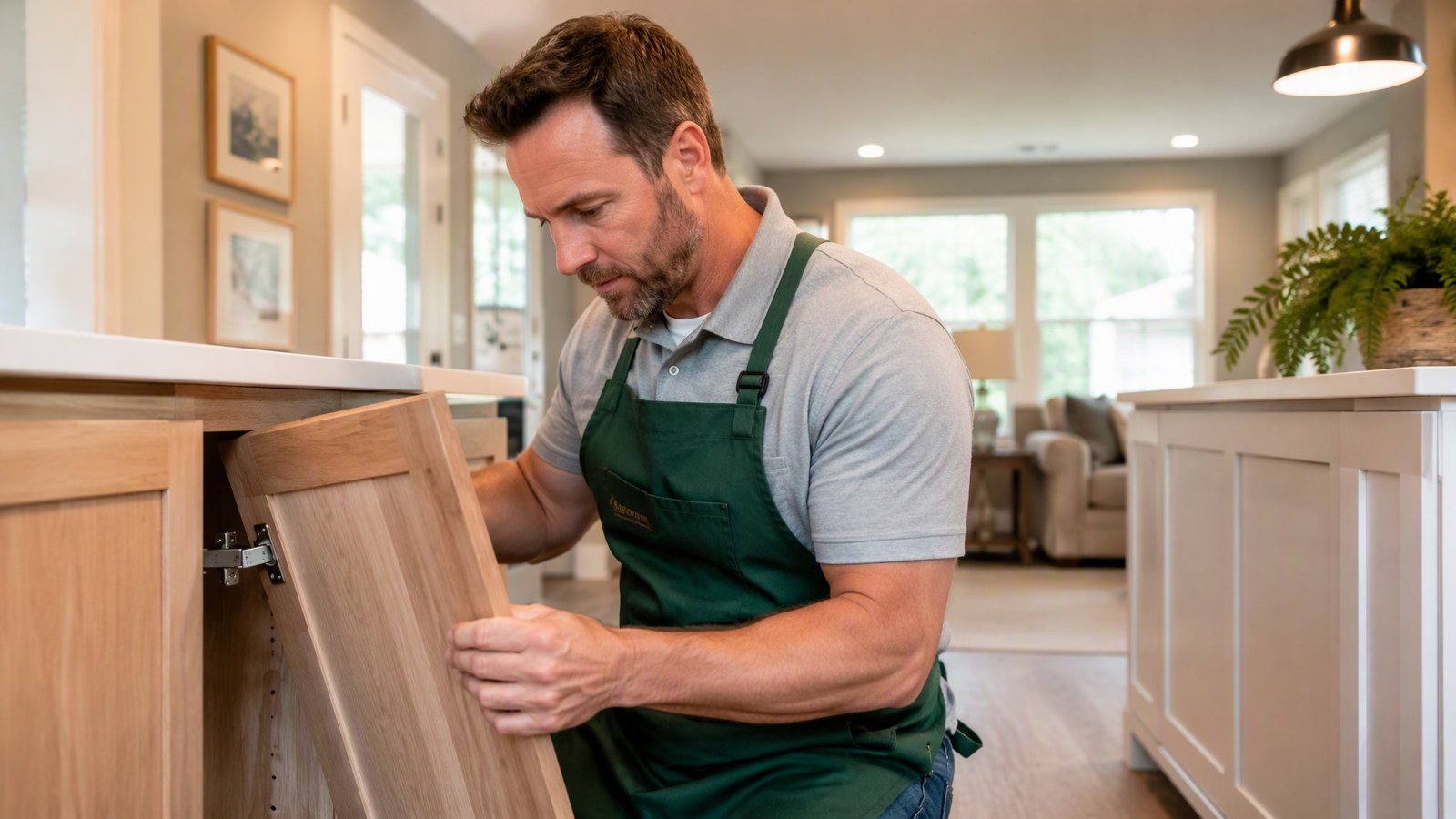 Sahel Home Services handyman installing a cabinet in a bright Michigan home