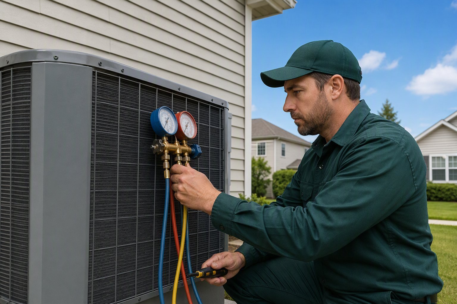HVAC technician servicing an outdoor AC unit